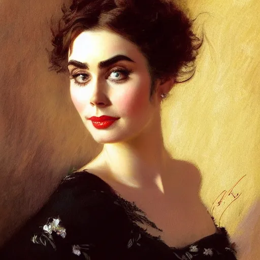 Image similar to detailed portrait of lilly collins in black clothes, spring light, painting by gaston bussiere, craig mullins, j. c. leyendecker