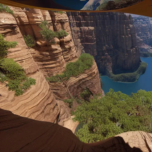 Image similar to canyon in between mountains, unreal engine, high detail, realism, award winning, detailed lighting