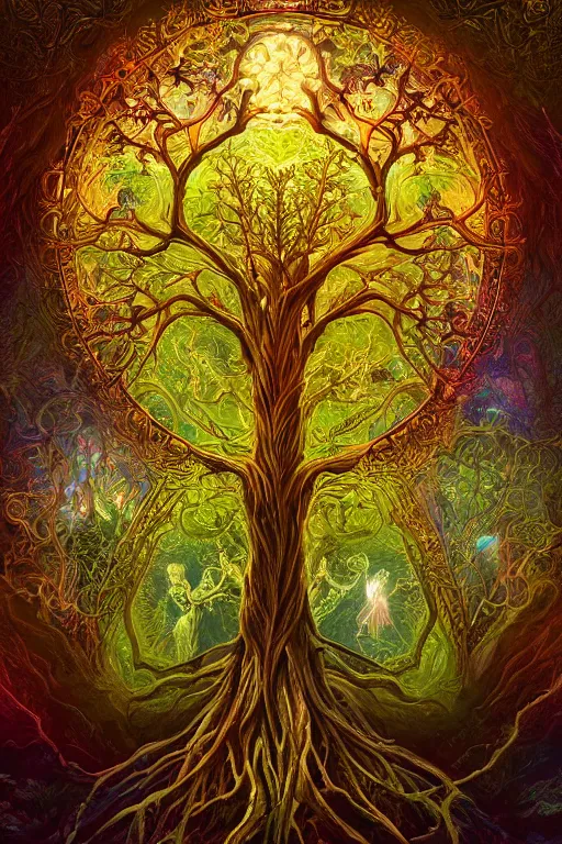 Prompt: lateral cross - section view. magical glowing tree of life, centralized, ethereal, rich estate, fantasy, smooth, sharp focus, high detailed digital art, ultra wide shot, lush colors, in the style of greg rutkowski and hans zatzka, digital art, sharp focus, highly realistic, exquisite ornate metal gothic icon heavy patina, delicate,