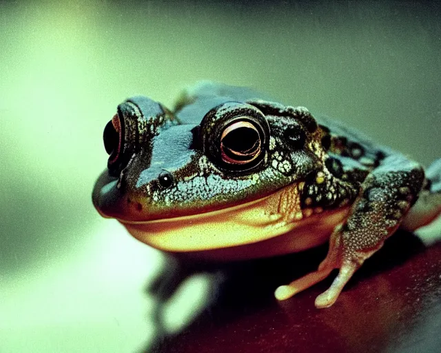 Image similar to Close up of a Budgett's frog smiling and looking at the camera in a still from the movie Blade Runner (1982), high quality, rain, rain drops, cold lighting, 4k, night, award wining photo