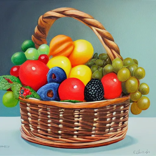 Prompt: photorealistic painting of a gift basket with fruit chocolate and toys