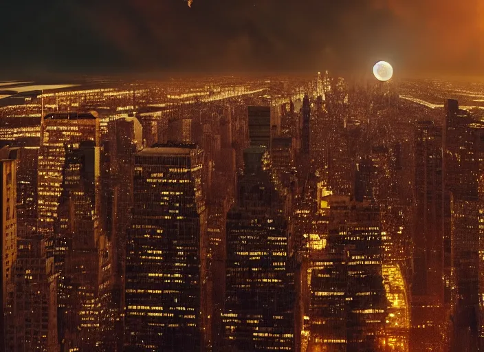 Image similar to film still of the moon shattering into pieces over manhatten in the new disaster movie, 8 k, night time