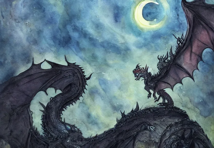 Image similar to possum dragon at a medieval castle under a dark starred sky, dark fantasy, watercolor, dreaming illusion, highly detailed, 4k, trending on Artstation, award-winning