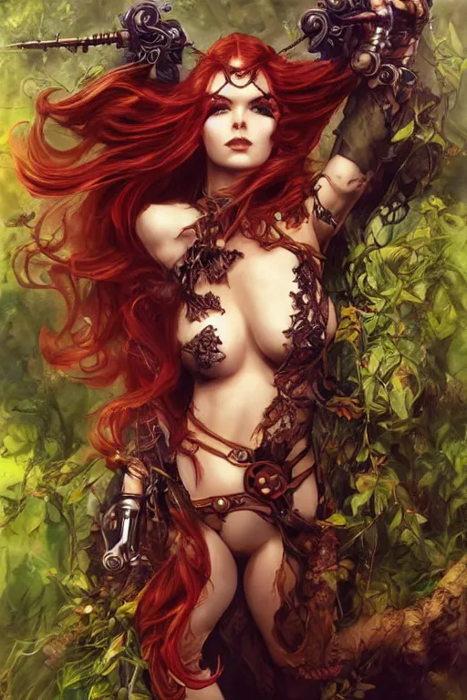 Image similar to portrait from back of sensual Poison Ivy as in DC Comics, very beautiful young woman, ginger wavy hair, Intricate, steampunk imagery themed, D&D!, fantasy style, sharp focus!, ultra detailed, art by Artgerm and Peter Andrew Jones, WLUP