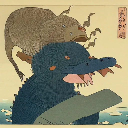 Image similar to animated platypus laughing and holding phone, Hokusai