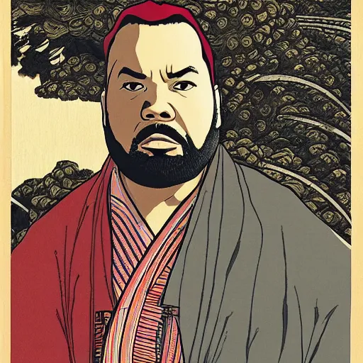 Prompt: Raekwon rapping, portrait, style of ancient text, hokusai