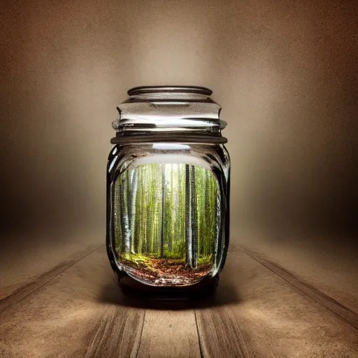 Prompt: A photo of a forest inside a jar, studio photo, highly detailed,studio lighting