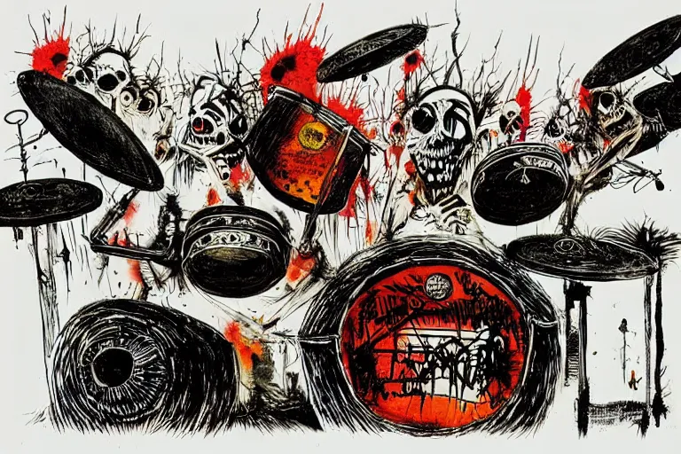 Prompt: drum set from hell by ralph steadman