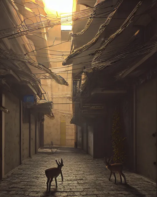 Image similar to artstation scifi scene of two deer - headed shadow, in a chinese town narrow alley, dim lights, long shadows, summer unreal engine 5, hyper realism, realistic shading, cinematic composition, blender render, octane render, hdr, detailed textures, photorealistic, wide shot