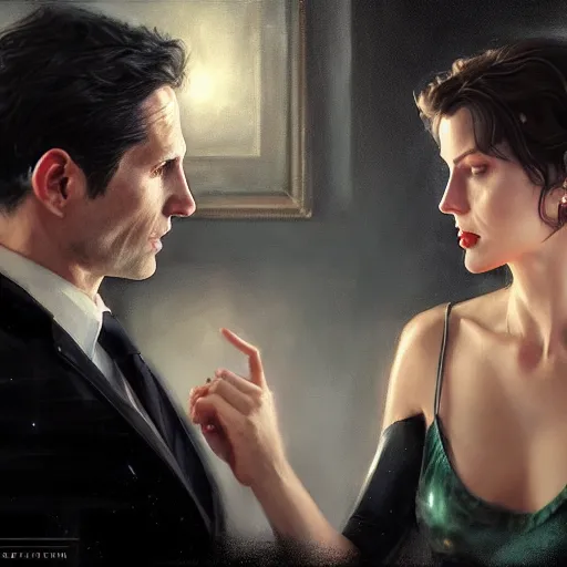 Image similar to daniel gerhartz and artgerm and wlop detailed portrait digital painting of a bruce wayne and selina kyle at a party in a mansion, mansion interior in the background, unreal engine, hyper realism, realistic shading, cinematic composition, blender render, octane render, hdr, detailed textures, photorealistic, 3 5 mm film