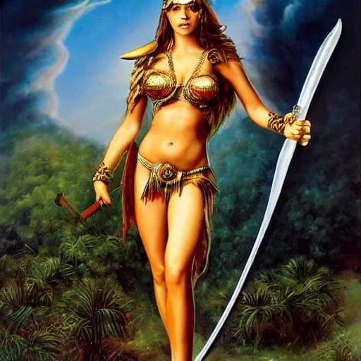 Image similar to barbara palvin supermodel posing as an amazon with a sword painted by boris vallejo, 1 9 9 0 style, full body, volcano in the background, highly detailed, airbrush painting