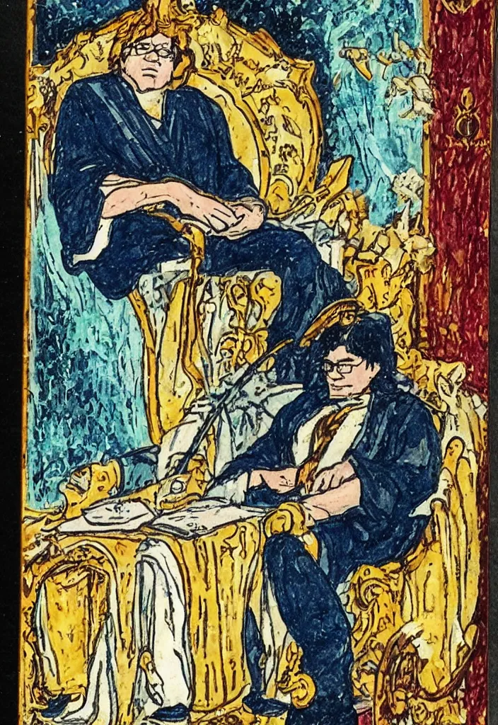 Image similar to Yann LeCun sitting on the throne on a tarot card, illustrated on the Rider–Waite tarot.