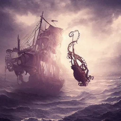 Image similar to A flying octopus ship, digital art, steampunk, epic, cinematic, dramatic lighting