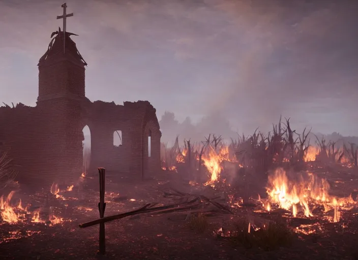 Prompt: a church is violently burning in the ruins of a native american village, burnt huts, bodies on the ground, jesus cross, horror, dramatic lighting, dawn, by caspar david friedrich, unreal engine 5