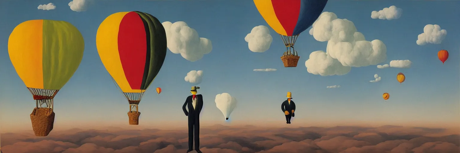 Prompt: colorful hot air balloon painting magritte