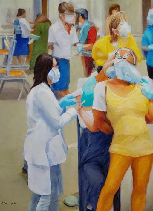 Image similar to oil painting of women getting vaccinated, high details, art by axion