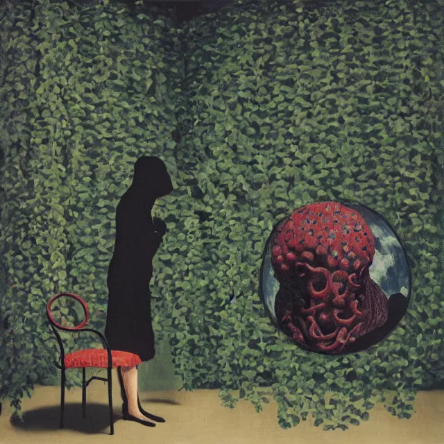 Image similar to a pathology student in her apartment, wrapped in vines, stepping stones, octopus, berries, black walls, ikebana, black armchair, sculpture, moss, acrylic on canvas, surrealist, by magritte and monet