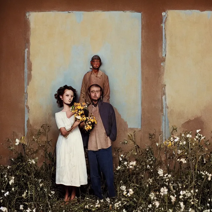 Prompt: closeup portrait of a couple holding flowers, standing in a desolate abandoned house, by Annie Leibovitz and Steve McCurry, natural light, detailed face, CANON Eos C300, ƒ1.8, 35mm, 8K, medium-format print