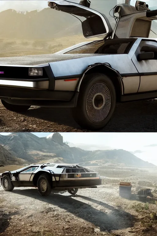 Prompt: new concept for a delorean, cinematic, photoreal, photograph, by red dead redemption 2, by greg rutowski