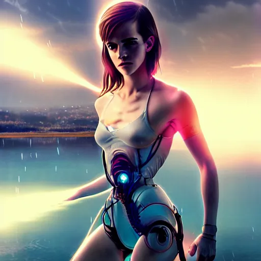 Image similar to emma watson as a beautiful cyborg - angel girl standing on a lake, rainfall, biomechanical details, digital cyberpunk anime art, full body shot, reflections, lens flare, wlop, ilya kuvshinov, artgerm, krenz cushart, greg rutkowski