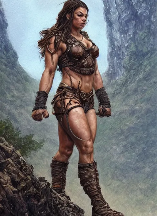 Image similar to exhausted Mila Kunis as a very muscled rugged looking Amazon, dirty, sweating, intricate, elegant, highly detailed, artstation, concept art, sharp focus, art by artgerm and donato giancola and Joseph Christian Leyendecker, WLOP