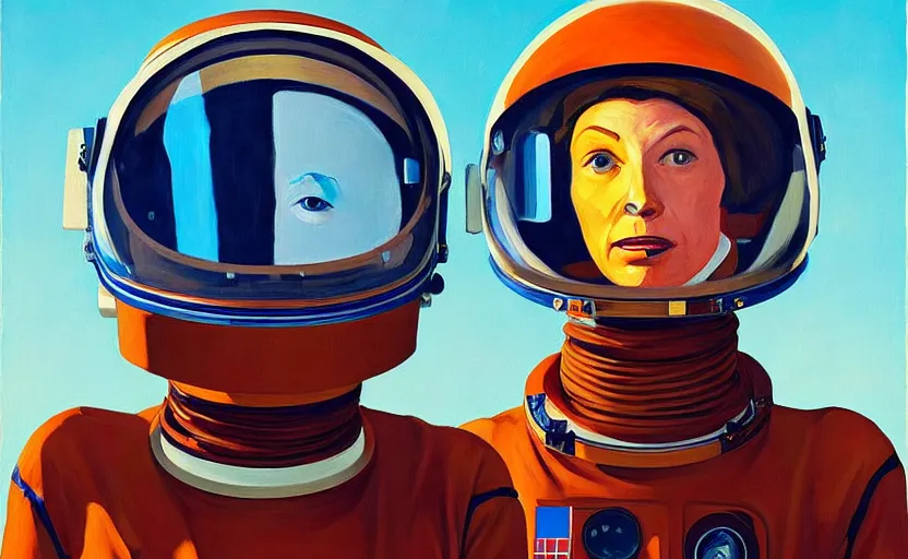 Image similar to Portrait of a woman astronaut with helmet and latex suit, very coherent, painted by Edward Hopper, painted by James Gilleard, airbrush, art by JamesJean