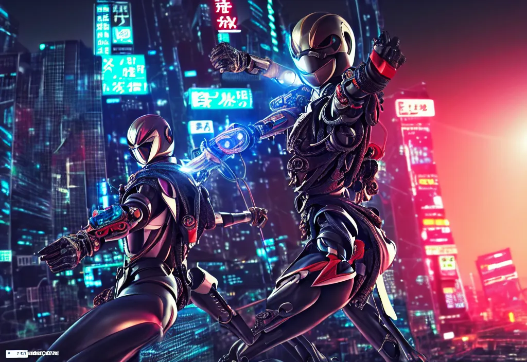 Image similar to kamen rider action pose, human structure concept art, human anatomy, full body hero, intricate detail, hyperrealistic art and illustration by lim haksu, a. k. a limha lekan a. k. a maxx soul, global illumination, blurry and sharp focus, on tokyo cyberpunk night rooftop, frostbite engine