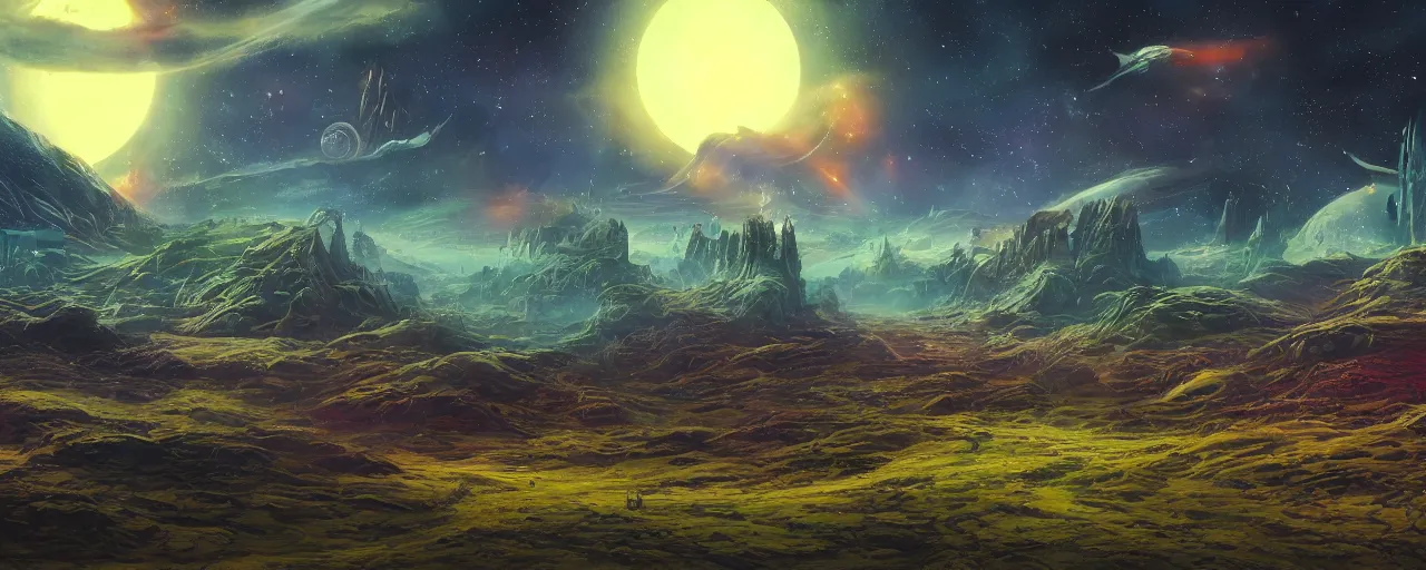 Image similar to retro sci-fi planetary fantasy landscape