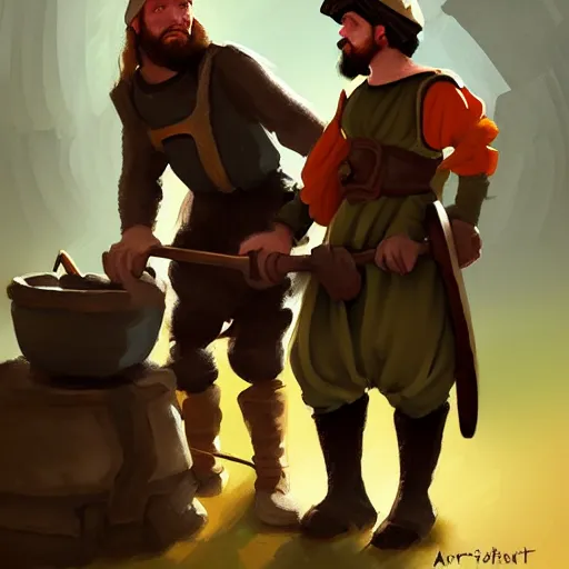 Image similar to medieval peasant boy and blacksmith, artstation, fantasy