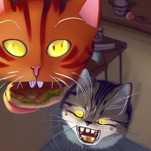 Image similar to deeply scared cat running away from the giant carnivorous sandwich, artstation hq, dark phantasy, stylized, symmetry, modeled lighting, detailed, expressive, true unsimulated emotions, created by hayao miyazaki