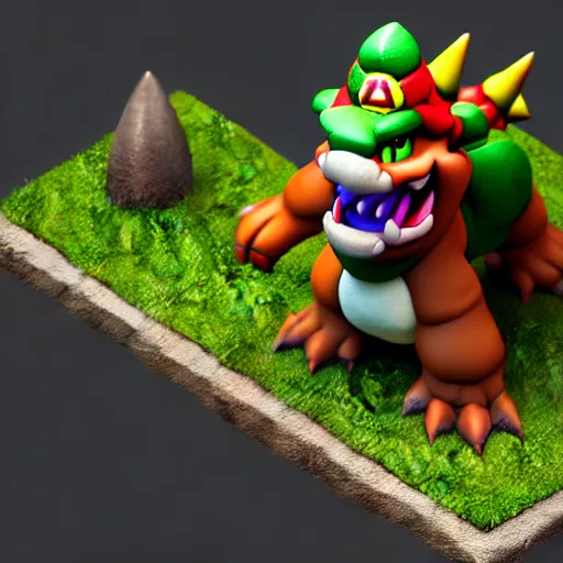 Prompt: Isometric 3D Fantasy Bowser, Smoth 3D Illustration, Cinematic Matte Painting, soft render, Servando Lupini, handpaint texture, Blender, 3DCoat