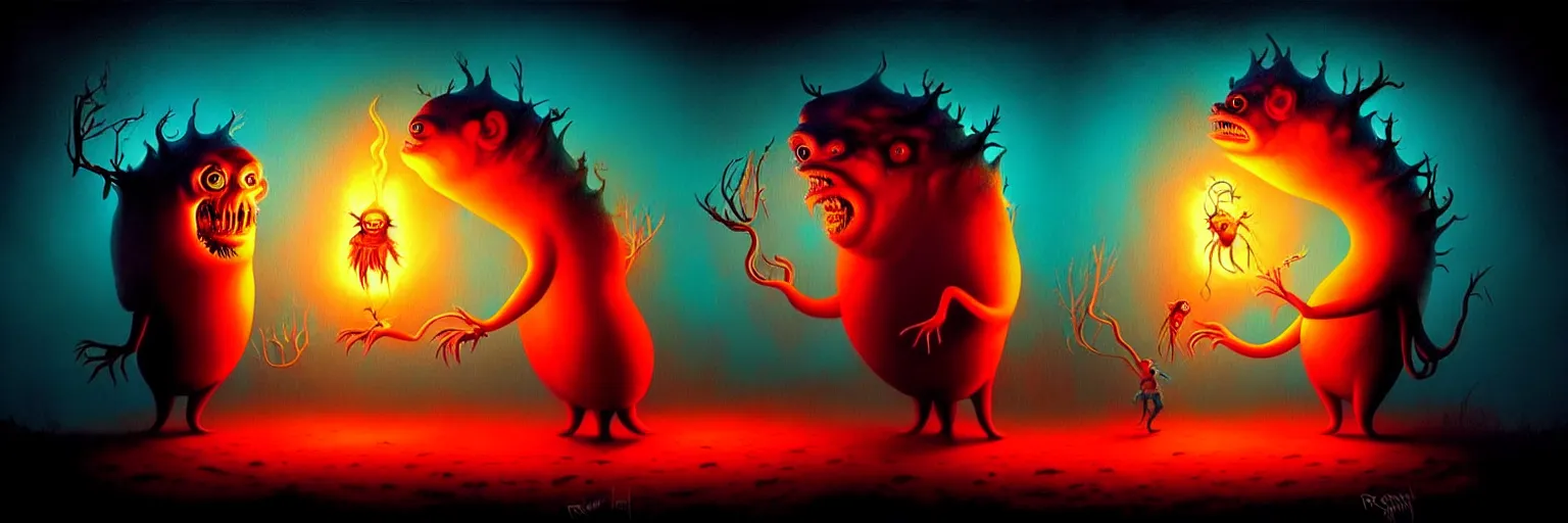 Image similar to whimsical creature freaks from the depths of the imagination, dramatic lighting from fire glow, surreal dark uncanny painting by ronny khalil