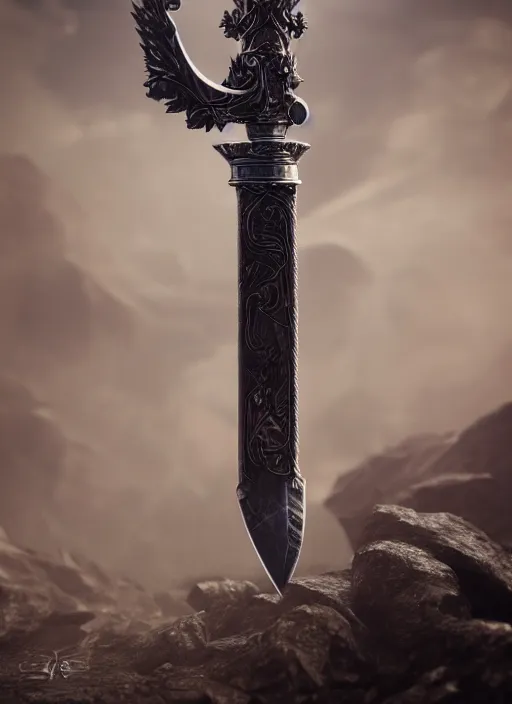 Image similar to epic fantasy sword, Proto-Slavic mythology, white background, detailed and realistic, 4k, artstation, octane render