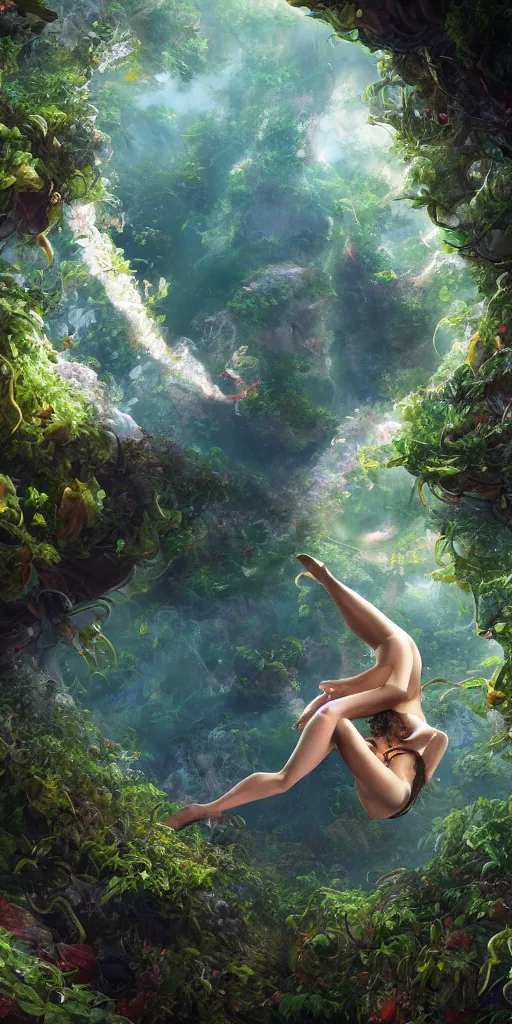 Prompt: top view, full body, lying beautiful mulatto girl inside the venus flytrap, gorgeous, intricate, volumetric lighting, scenery, digital painting, highly detailed, artstation, concept art, ruan jia, steve mccurry, ultra detailed painting at 16K resolution and epic visuals, epically surreally beautiful image, amazing effect