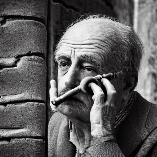 Prompt: close-up of a sad tired old man with a pipe, XF IQ4, 150MP, 50mm, f/1.4, ISO 200, 1/160s, natural light, Adobe Photoshop, Adobe Lightroom, DxO Photolab, Corel PaintShop Pro, rule of thirds, symmetrical balance, depth layering, polarizing filter, Sense of Depth, AI enhanced