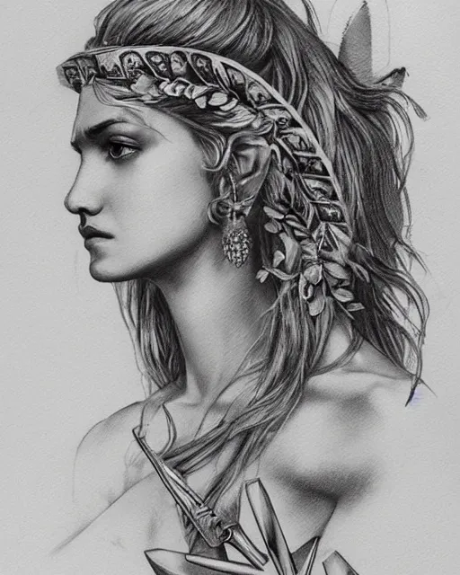 Image similar to beautiful aphrodite greek goddess wearing a laurel wreath and arrowhead earrings, hyper - realistic tattoo sketch, beautiful piercing eyes with sharp pupils, beautiful blonde hair, in the style of greg rutkowski, fantasy, amazing detail, epic, elegant, smooth, sharp focus