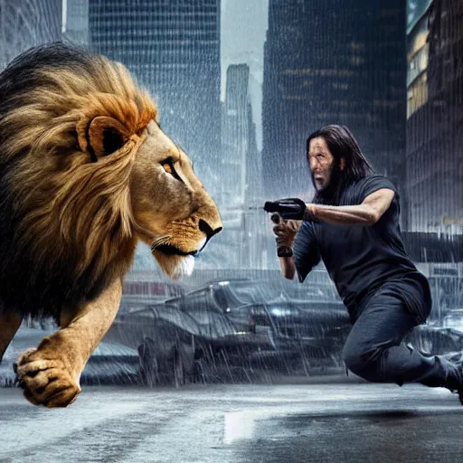 Image similar to a lion attacking john wick in an abandoned urban metropolis, 4 k