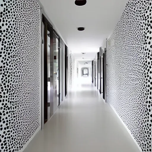 Prompt: a white corridor with a giant polka dot pattern on the walls