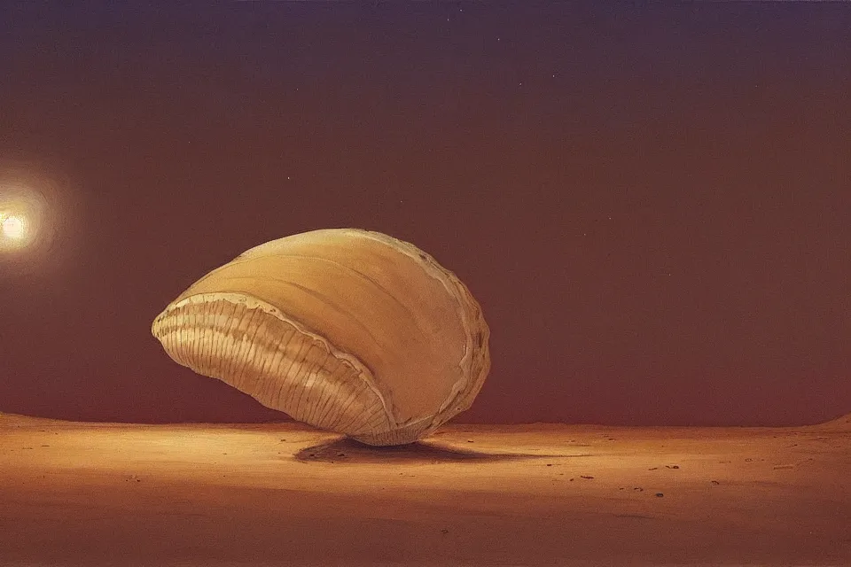 Prompt: a beautiful painting of a giant seashell in middle of the desert at night, painted by john harris and moebius