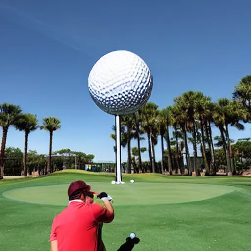 Image similar to a giant playing teeing up a shot in golf using the epcot ball in real life, highly detailed, extremely high resolution, ultra realistic