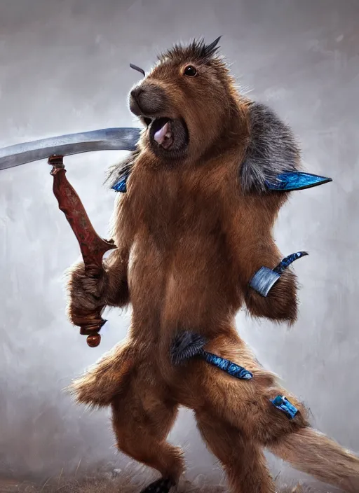 Prompt: detailed full body concept art illustration, oil painting on canvas of an anthropomorphic capybara barbarian swinging a two handed sword in full intricate clothing, biomutant, dystopian, micro detail, octane render, 4K