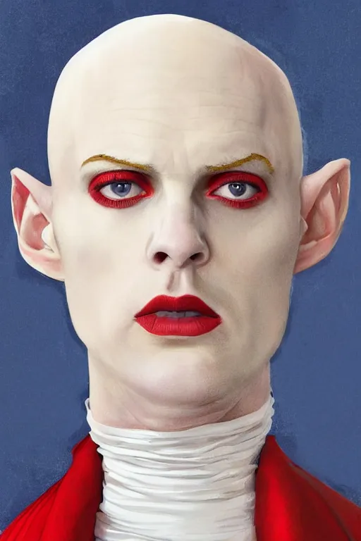 Prompt: a bald pale white man in his late ninetees. stately and dour in his expression. eyeliner accentuates his sunken eyes. a high black turtleneck covers his thin neck. opulent white golden red robe with blue and red. white leather gloves with gold decoration, sharp focus, illustration, digital painting, art by magali villeneuve