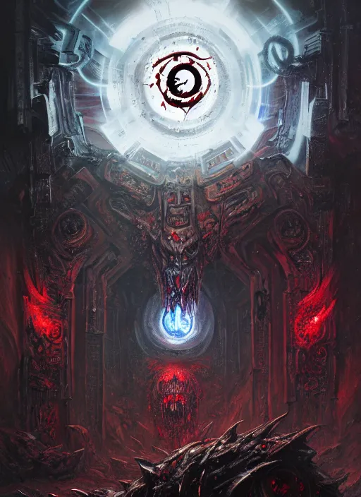 Image similar to wide shot of a warp portal, chaos demons emerging, blood runes glowing, intricate, warhammer, warhammer 4 0 k, highly detailed, digital painting, concept art, sharp focus, illustration, muted colors, grim dark, moody, gloomy, art by john blanche, by pedro nunez, by jaime martinez, by nacho molina