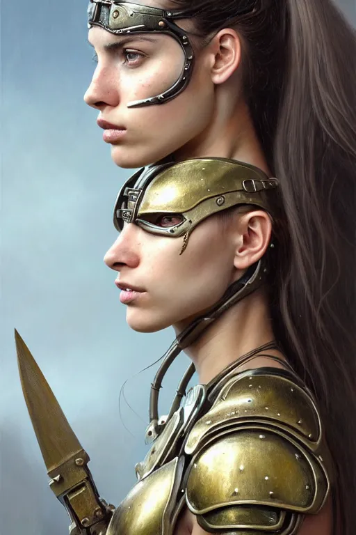 Image similar to a photorealistic painting of an attractive young girl, partially clothed in thick metal-plated battle armor, olive skin, long dark hair, beautiful bone structure, symmetric facial features, perfect eyes, intricate, elegant, natural posture, digital painting, concept art, finely detailed, illustration, sharp focus, minimal artifacts, from Metal Gear, by Greg Rutkowski, in the style of Ruan Jia and Mandy Jurgens and Artgerm and William-Adolphe Bouguerea, trending on Artstation, award winning