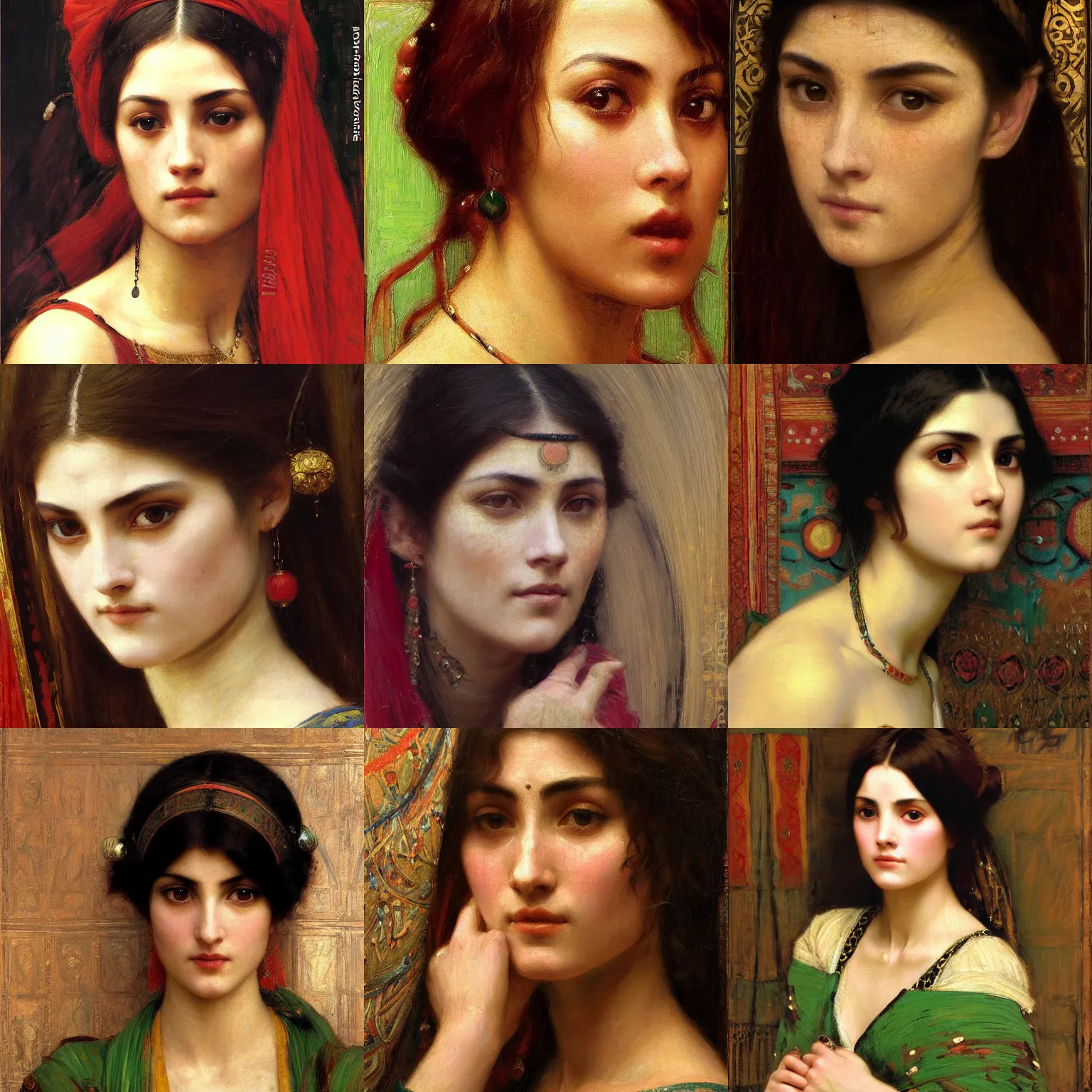 Prompt: orientalist painting of a woman with green eyes close-up intricate portrait by john william waterhouse and Edwin Longsden Long and Theodore Ralli and Nasreddine Dinet, oil on canvas. Cinematic, hyper realism, dramatic lighting, high detail 8k