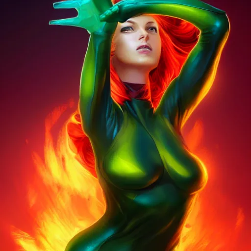 Prompt: jean grey, a full body portrait of jean grey, green eyes, red hair, phoenix rising, flames, flying, comic, x - men, highly detailed, artstation, deviantart, symetry, digital painting, vivid colors, realistic shaded perfect face, volumetric lighting, atmospheric, sharp focus, moody, in the style of alex ross, 8 k