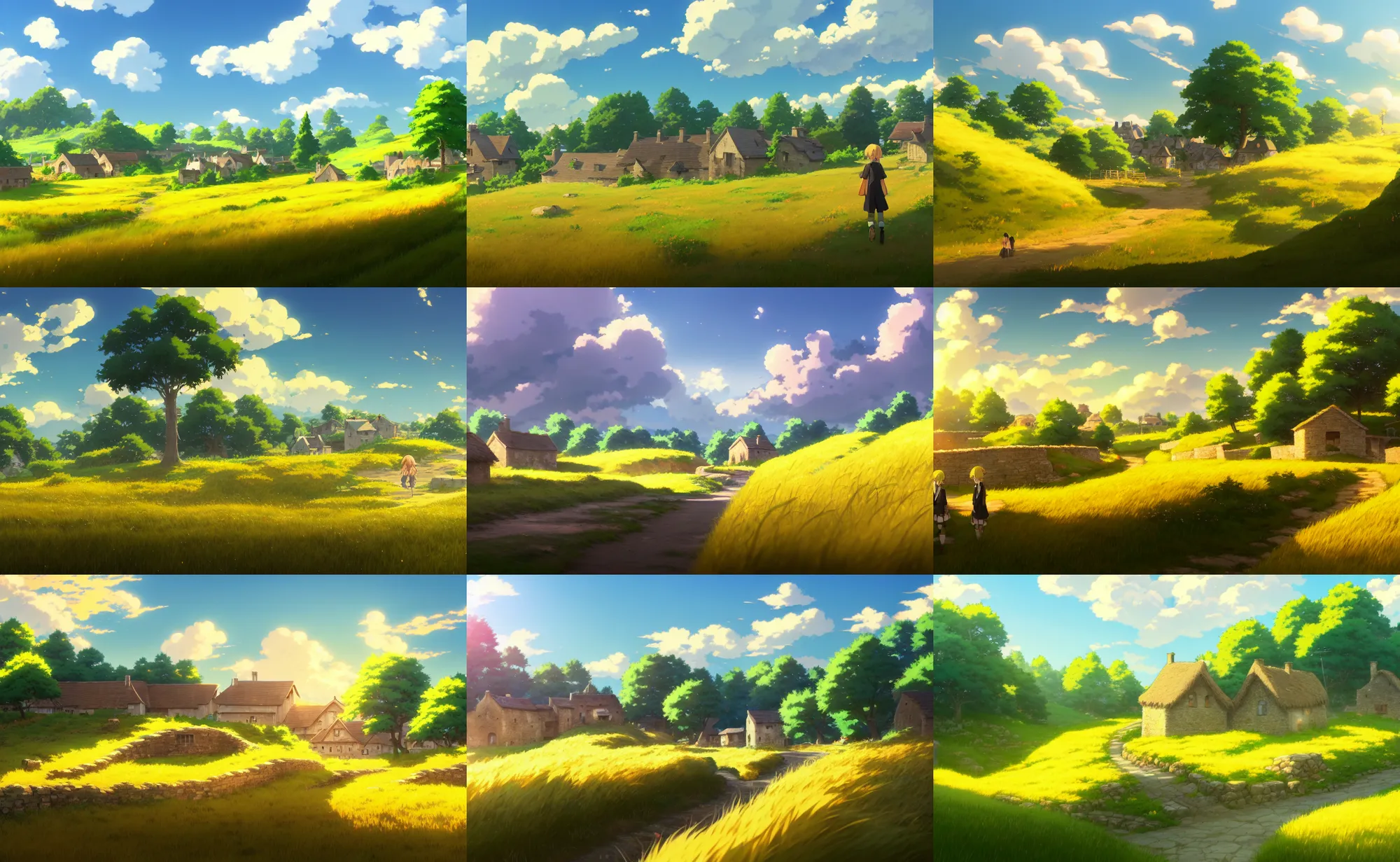 Prompt: an anime movie background matte painting of a meadow in the countryside, rolling hills, cottages, golden wheat fields, cobblestone road, old low stone wall, by Makoto Shinkai, trending on Artstation, highly detailed