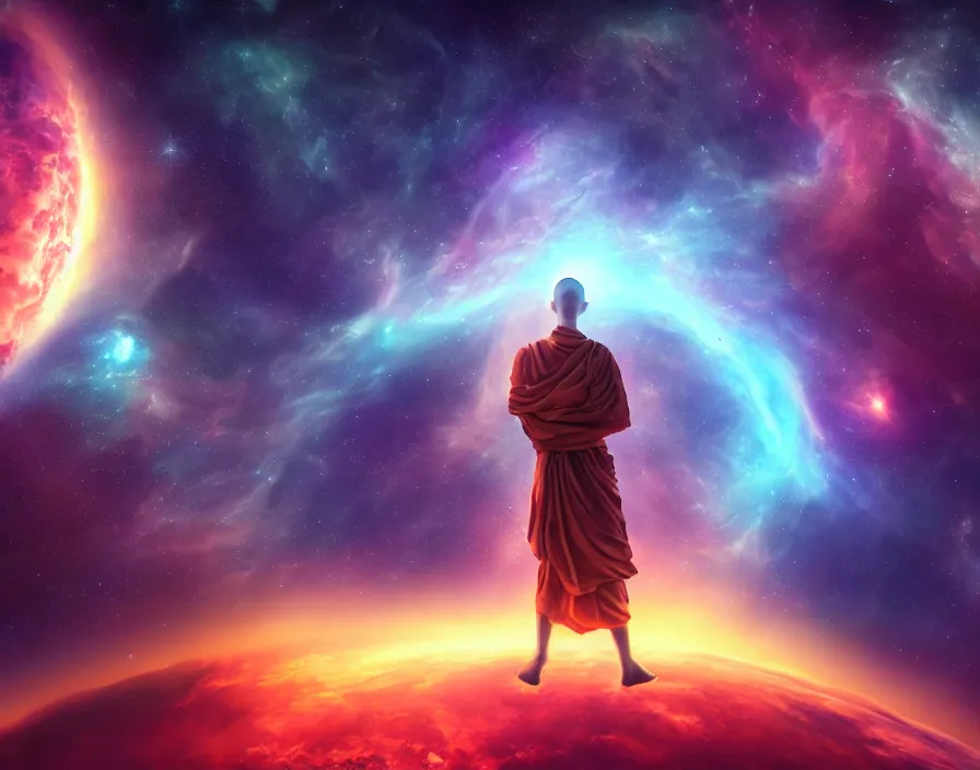 Image similar to energy meditating monk in space, nebula, stars, realistic, beautiful texture, beautiful graphics, fantasy artwork, very beautiful scenery, hd, hdr, ue 5, ue 6, unreal engine 5, cinematic 4 k wallpaper, 8 k, ultra detailed