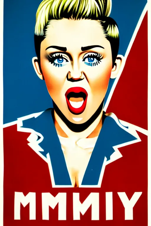 Image similar to propaganda poster, miley cyrus, close up, portrait, shouting