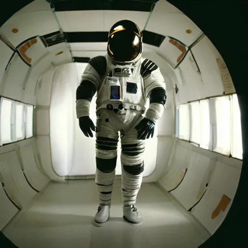 Prompt: a heavily armored astronaut, in spaceship corridor, film still